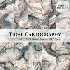 May include: A collection of digital papers with a tidal cartography design. The papers feature a topographic map style in shades of blue, brown, and white. The text reads "TIDAL CARTOGRAPHY" and "12x12" | 300 DPI | 10 Digital Papers | JPEG Files". Includes 6 free designs.