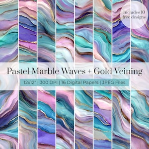 May include: A collection of sixteen digital papers with a pastel marble wave design and gold veining. The color palette includes shades of pink, purple, and teal. The text on the image reads "Pastel Marble Waves + Gold Veining" and "12x12" | 300 DPI | 16 Digital Papers | JPEG Files."