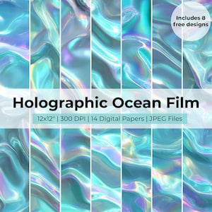 May include: A collection of digital papers with a holographic ocean film design. The papers feature swirling patterns in shades of blue, teal, and purple. The text on the image reads "Holographic Ocean Film" and "12x12" | 300 DPI | 14 Digital Papers | JPEG Files."