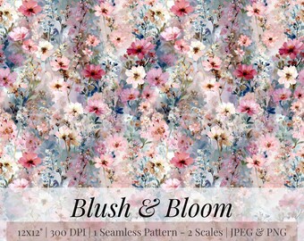 May include: A seamless floral pattern named "Blush & Bloom" with a watercolour design. The pattern displays various flowers in pink, white, and burgundy hues, set against a soft blue and beige backdrop. The image includes the text "12X12" | 300 DPI | 1 Seamless Pattern - 2 Scales | JPEG & PNG."