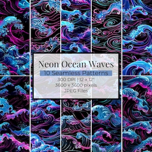 Neon Ocean Waves Seamless Pattern Set | Vibrant Digital Summer Blue Neon Designs for Fabric, Sublimation, and Digital Projects