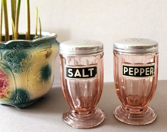 Jennyware Pink Glass Salt & Pepper Shakers. Glassware with original Lid. Vintage Tableware CHIP