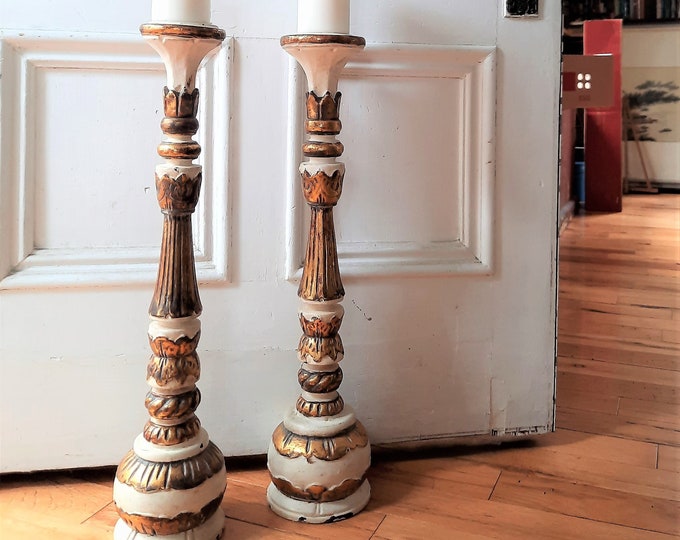 Pair of Antique Altar Candlesticks. Wood and Plaster Church Candlesticks. Hand Carved & Gilded