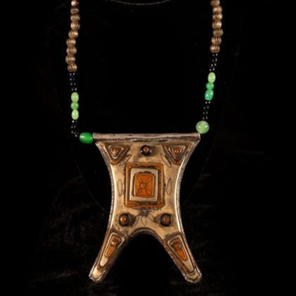 Vintage Middle Eastern Necklace. Ethnic Pendant mixed Metal & Stones. Nomadic Jewelry