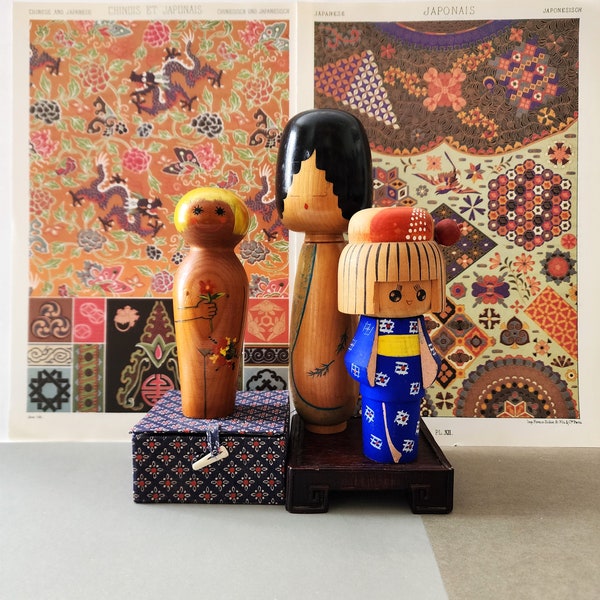 Véritables poupées Kokeshi vintage. Artisanat japonais en bois. Poupées traditionnelles de collection Epuisée