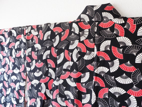 Vintage Japanese Fan Print Chirimen Silk Kimono