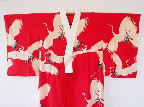 Antique Silk Japanese Crane Antique Kimono Red Kim