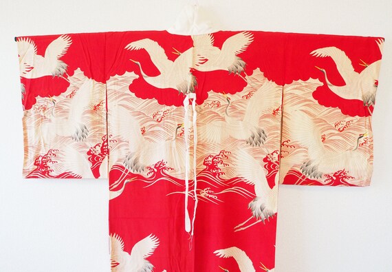 Japanese Crane Antique Silk Red Authentic Kimono R
