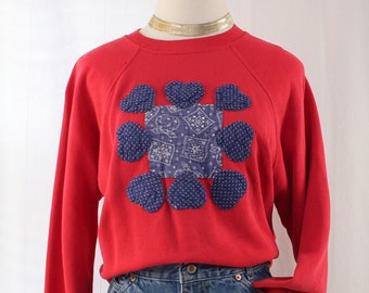 90s Cottagecore Quilted Hearts Raglan Sweatshirt Size M-L | Vintage 1990s Red + Blue Geometric Design Pullover*