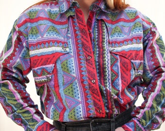 80s 90s Mine & Bill's Colorful Southwestern Blouse Size M-L | Vintage 1980s 1990s Pink + Blue Patterned Western Button Up Top