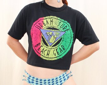 80s 90s Urban Surf Beach Gear Crop Top Size S-M | Vintage Black + Neon Tropical Athletic Tee Shirt | 1990s Abstract Urban Gear Boxy T Shirt