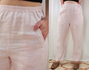 XS S M L 90s linen pants vintage high waisted ecru oatmeal woven linen drawstring elastic waist easy lounge baggy pants