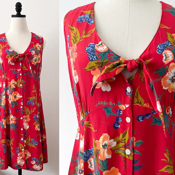90s GAP Tropical Floral Tie Front Cutout Rayon Dress Size M