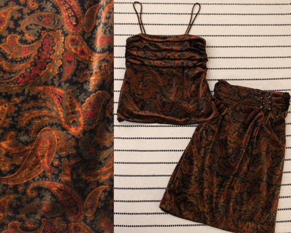90s Y2K Velvet Paisley Skirt + Top Matching Set Si