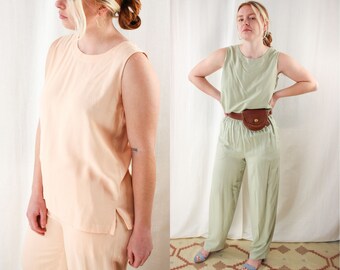 90s Silk Minimalist Matching Pant Sets Sizes S-M-L DEADSTOCK | Vintage 1990s Pea Green + Peachy Pink Tank + Stretch Pant 2 pc Outfits