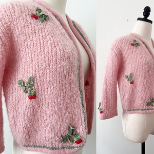 50s 60s Serbin Fuzzy Mohair Pink Cherry Cardigan Sweater Size S-M image 3