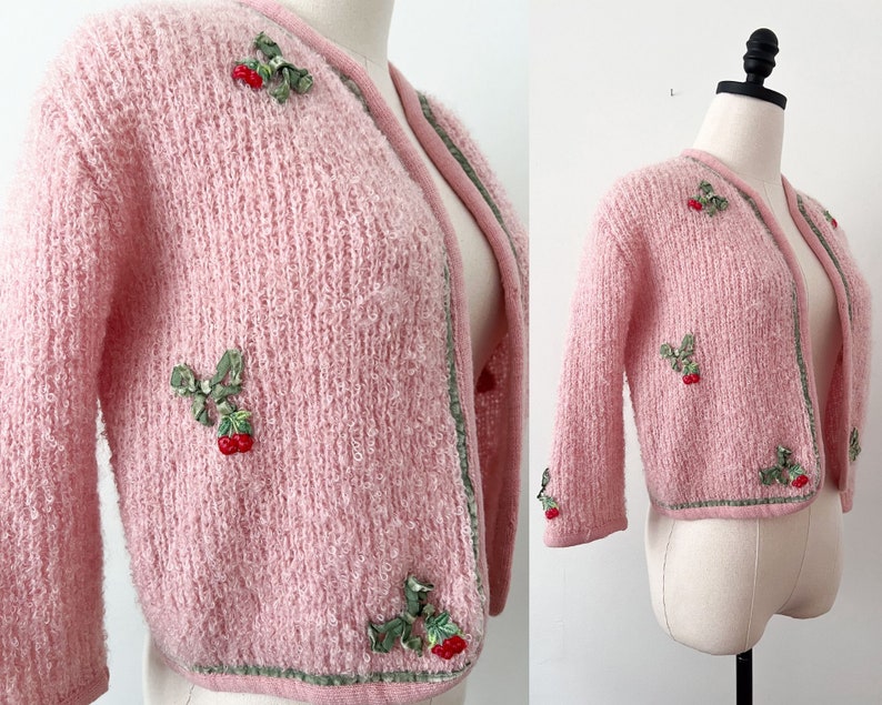 50s 60s Serbin Fuzzy Mohair Pink Cherry Cardigan Sweater Size S-M image 3