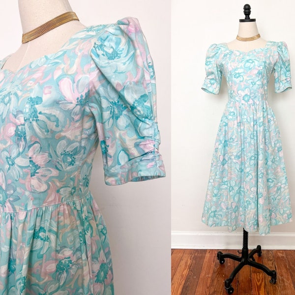 80s Lanz Puff Sleeve Party Dress Size S-M | Vintage 1980s Sweetheart Neck Pastel Floral Midi Dress