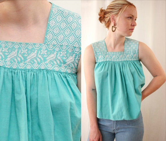 60s 70s Embroidered Birds Babydoll Top Size XS | V