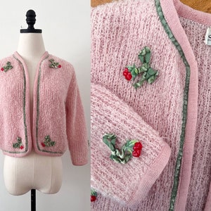 50s 60s Serbin Fuzzy Mohair Pink Cherry Cardigan Sweater Size S-M image 1