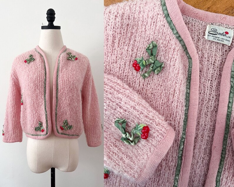 50s 60s Serbin Fuzzy Mohair Pink Cherry Cardigan Sweater Size S-M image 1