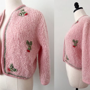 50s 60s Serbin Fuzzy Mohair Pink Cherry Cardigan Sweater Size S-M image 2