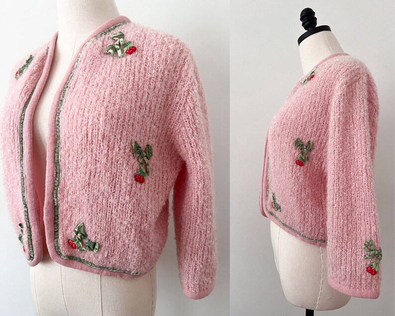 50s 60s Serbin Fuzzy Mohair Pink Cherry Cardigan Sweater Size S-M image 2