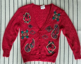 90s Susan Bristol Brodé Mohair Flou Cardigan Taille M | vintage 1990s Red Oversize Button Up Sweater