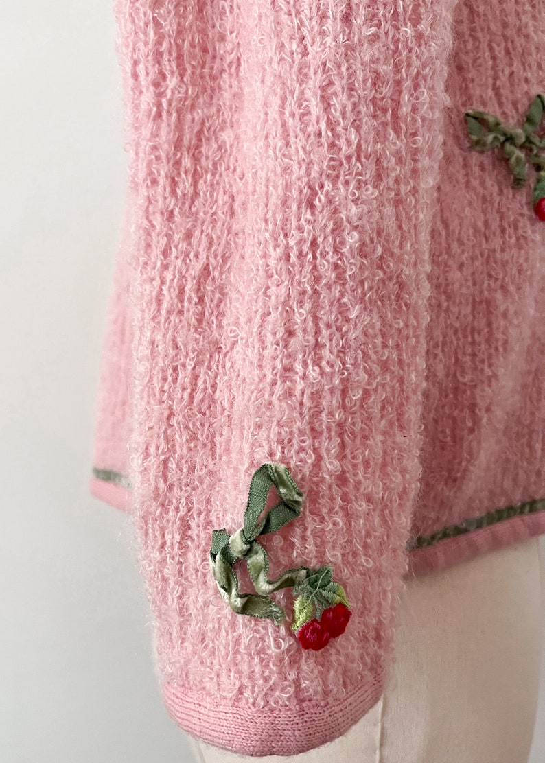 50s 60s Serbin Fuzzy Mohair Pink Cherry Cardigan Sweater Size S-M image 4