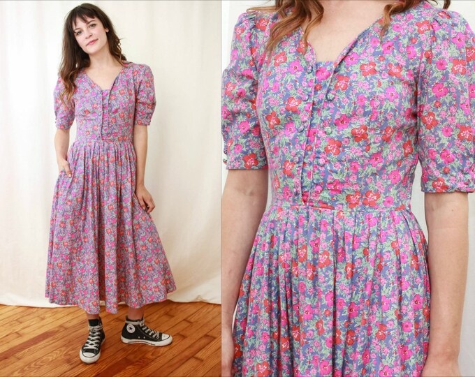 80s 90s Laura Ashley Puff Sleeve Midi Dress Size XS Vintage Pink and