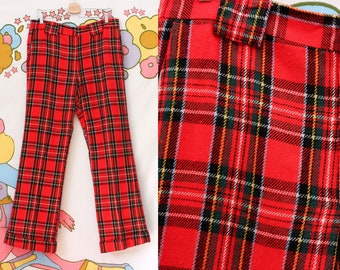 70s Braten Mod Men's Tartan Plaid Bell Bottoms | Vintage 1970s Holiday Red Wool Trousers*