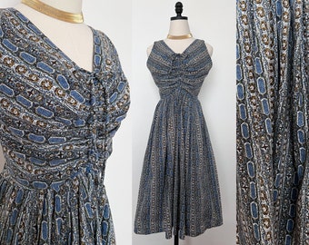 50s années 60 Dan Keller Robe abstraite taille S | Robes de soleil bleue des années 1950 des années 1960