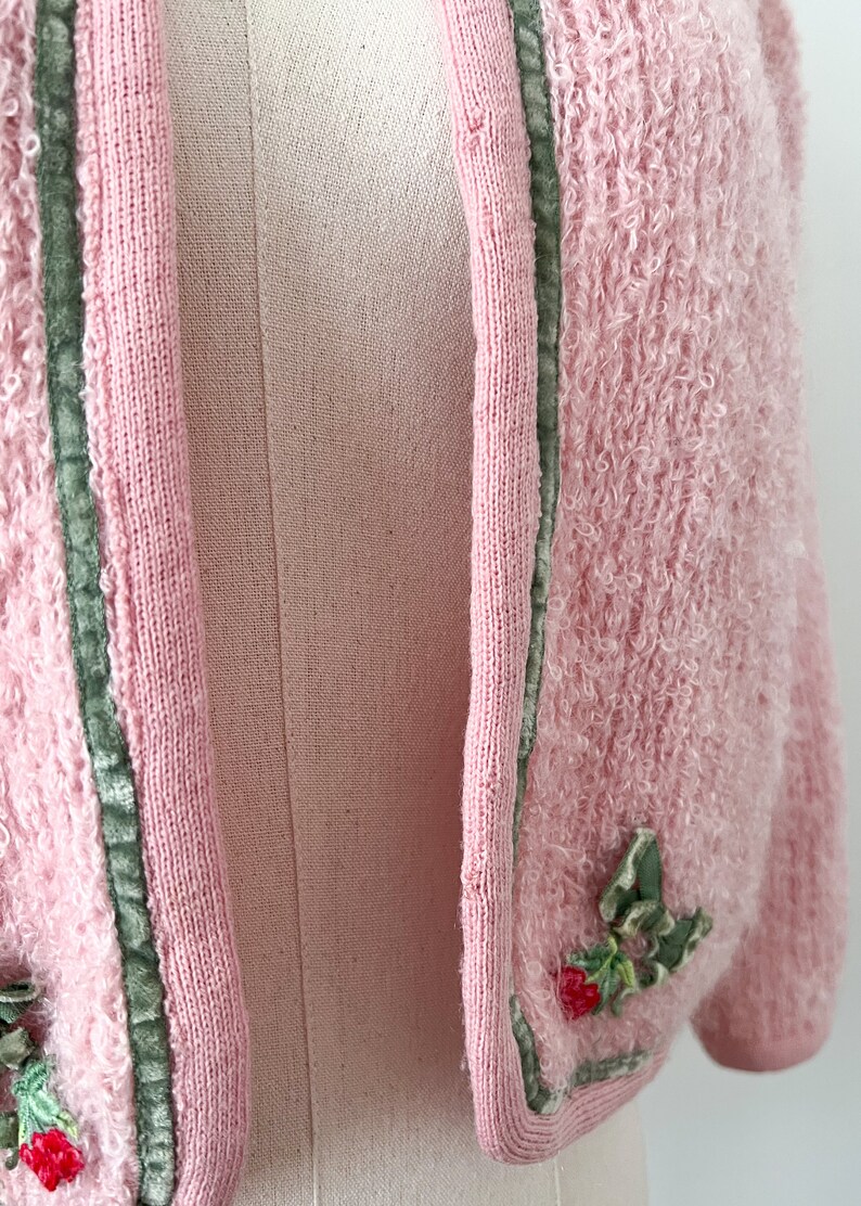 50s 60s Serbin Fuzzy Mohair Pink Cherry Cardigan Sweater Size S-M image 5