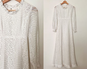 70s Crochet Lace Prairie Dress Size XXS-XS | Vintage White Boho Wedding Gown