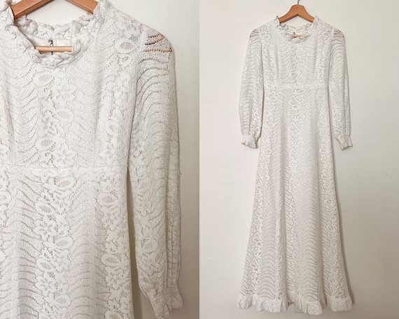 70s Crochet Lace Prairie Dress Size XXS-XS | Vint… - image 1