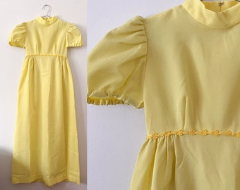 70s Sunshine Yellow Puff Sleeve Polyester Maxi Dress Size S