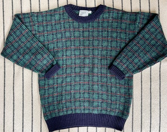 90s Plaid Wool Sweater Size M-L | Vintage 1990s Green and Navy Knit Pullover