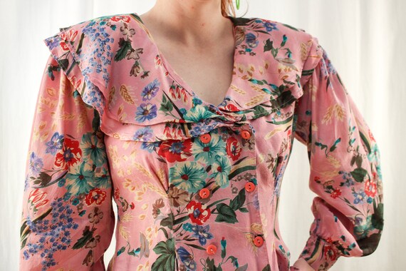 90s Romantic Ruffled Floral Silky Blouse Size M |… - image 3