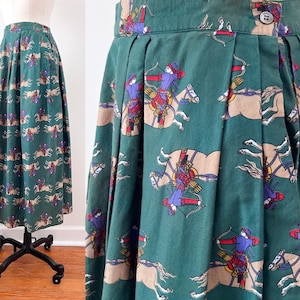 80s 90s British Khaki Horse and Archer Print Forest Green Midi Jupe Taille M image 1