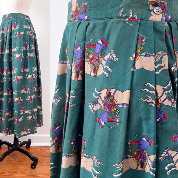 80s 90s British Khaki Horse and Archer Print Forest Green Midi Skirt Size M