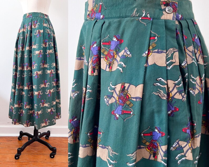 80s 90s British Khaki Horse and Archer Print Forest Green Midi Jupe Taille M image 1