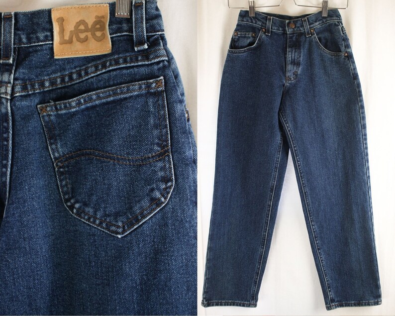 80s 90s LEE Straight Leg Mom Jeans Size 2400 Short Vintage 1980s 1990s High Waist Dark Wash Denim