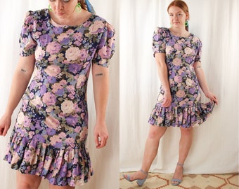 80s 90s Jeffery & Dara Cotton Candy Floral Party Dress Size M | Vintage 1980s 1990s Puff Sleeve Drop Waist Rose Dress