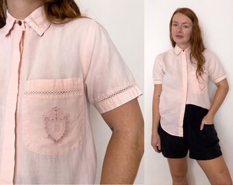 90s Pajama Style Pink Top Size M | Vintage 1990s Power Pink Button Up*