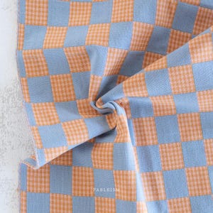 May include: A woven fabric featuring a large-scale checkerboard pattern in alternating light blue and orange squares. Each orange square contains a smaller, fine gingham check pattern. The word FABLEISM is printed in small white letters on the fabric.