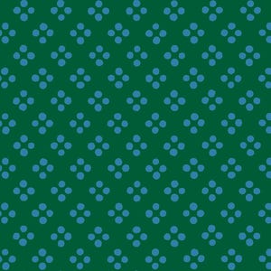 May include: A dark green fabric featuring a repeating pattern of light blue dots arranged in small, four-dot clusters. The dots are spaced evenly across the surface, creating a consistent geometric design throughout the entire material.