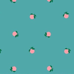 May include: A teal fabric featuring a repeating pattern of small, light pink circular fruit shapes, each accented with two dark green leaves. The design is evenly spaced across the surface, creating a consistent and simple graphic motif.