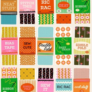 May include: A grid of thirty rectangular sewing supply labels featuring various patterns including floral, polka dot, and wavy designs. Each label displays text such as Ric Rac, Bias Tape, Daisy Chain, and Sewing Stuff in colourful, retro-inspired typography.