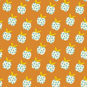 Könnte beinhalten: Ein sich wiederholendes Muster auf orangefarbenem Hintergrund mit weißen Apfelformen. Jeder weiße Apfel enthält ein kleineres, sich wiederholendes Muster aus winzigen blauen Äpfeln mit gelben Stielen und Blättern, was ein geschichtetes, grafisches Fruchtdesign ergibt.