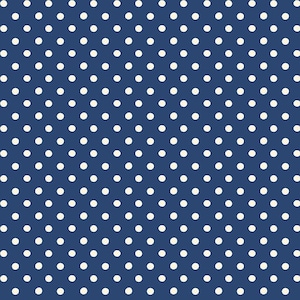 Könnte beinhalten: Eine dunkelblaue Stoff- oder Papieroberfläche mit einem sich wiederholenden Muster aus kleinen, gleichmäßig verteilten cremeweißen Punkten, die in einem Raster angeordnet sind. Das Design besteht aus soliden Kreisen auf tiefblauem Grund.